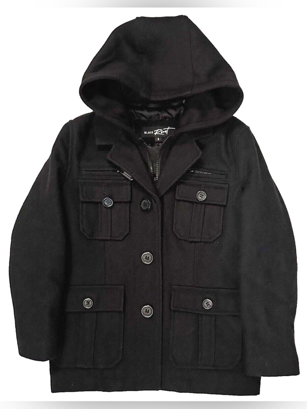 BOYS SZ 6 CARGO COAT MILITARY HOODIE FELT WOOL FLANNEL HEAVY WARM POCKETS GIII